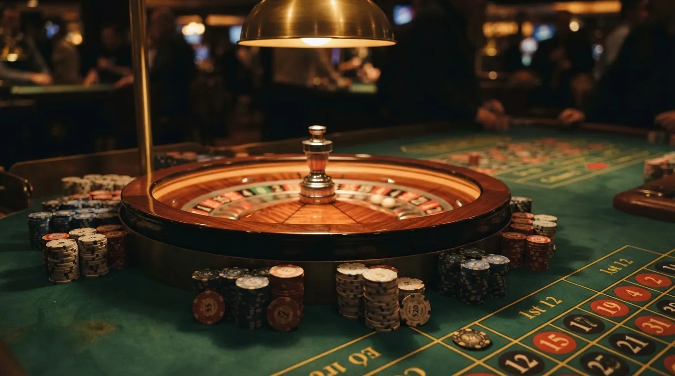 Roulettehjul og spillemærker på grønt filt i varmt aftenlys — anmeldelser af casinoer