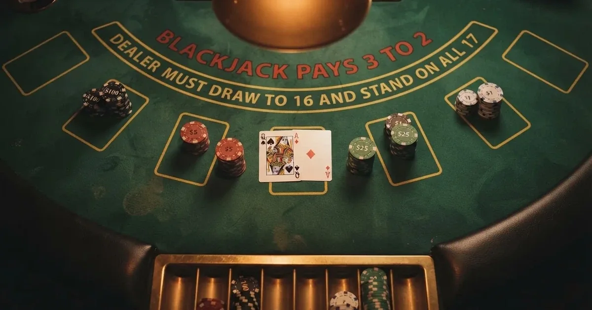 Oplyst spillebord med kort, set ovenfra — bedste blackjack casinoer