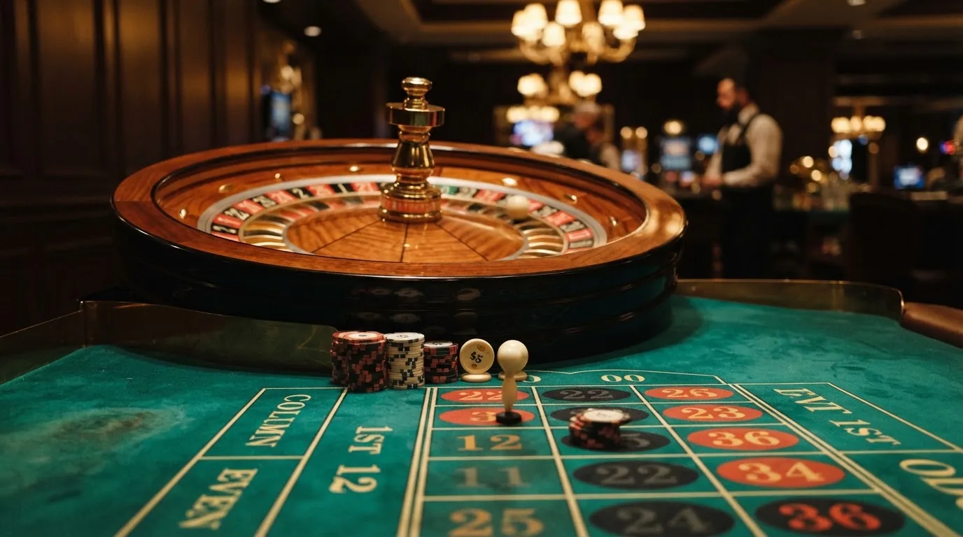 Roulettehjul og spillemærker på grønt filt i varmt aftenlys — bedste blackjack casinoer