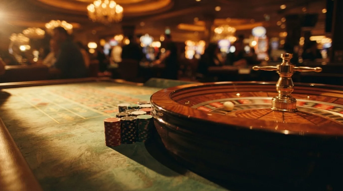Roulettehjul og spillemærker på grønt filt i varmt aftenlys — bedste blackjack i danmark