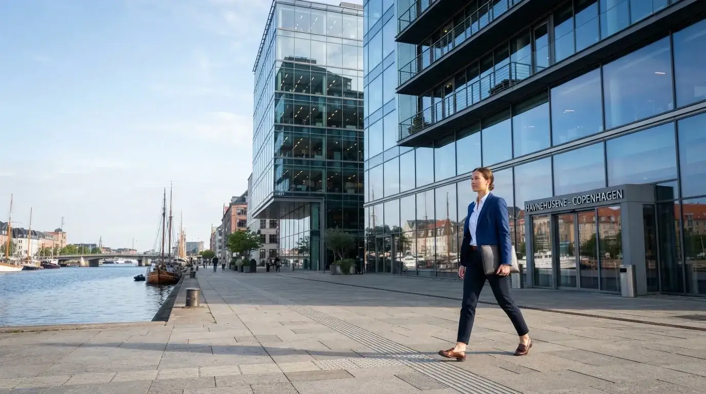 En moderne kontorbygning med glasfacade ved Københavns havn i klart dagslys, med en medarbejder i blazer, der går forbi.