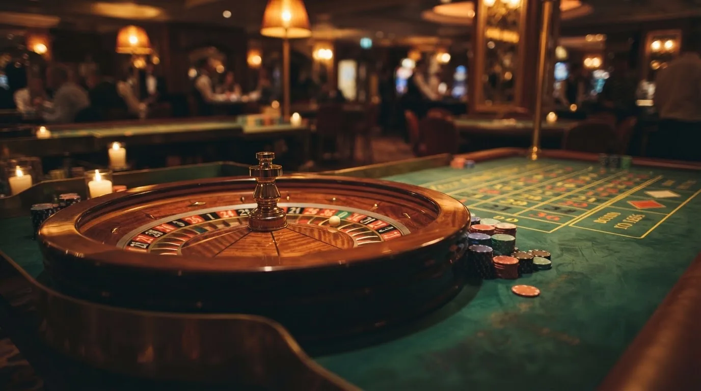 Roulettehjul og spillemærker på grønt filt i varmt aftenlys — bedste danske casino bonusser