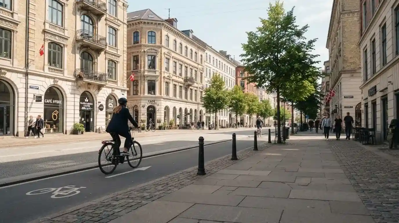 Københavnsk gade med klassiske bygninger og cyklister i klart vejr, set fra fortovet.