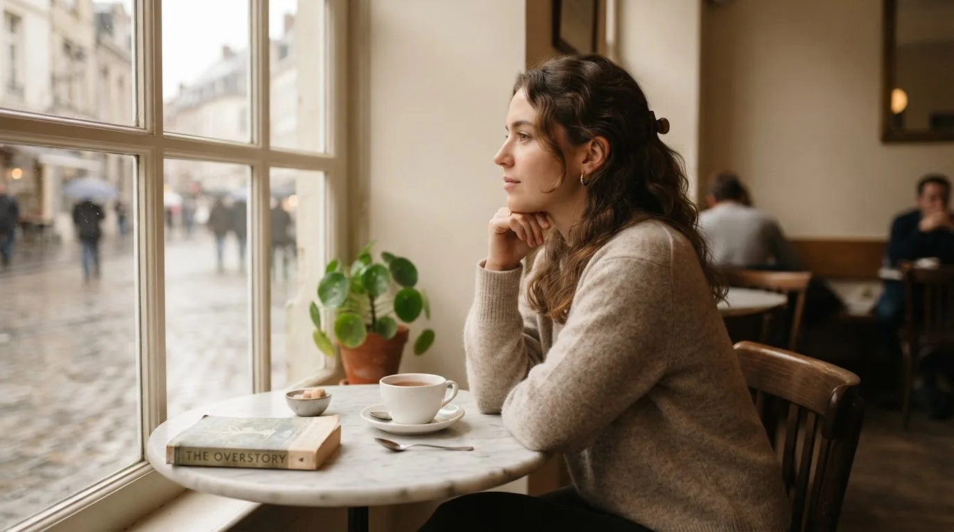 Kvinde sidder på en café med en kop te og kigger tænksomt ud ad vinduet i blødt dagslys.