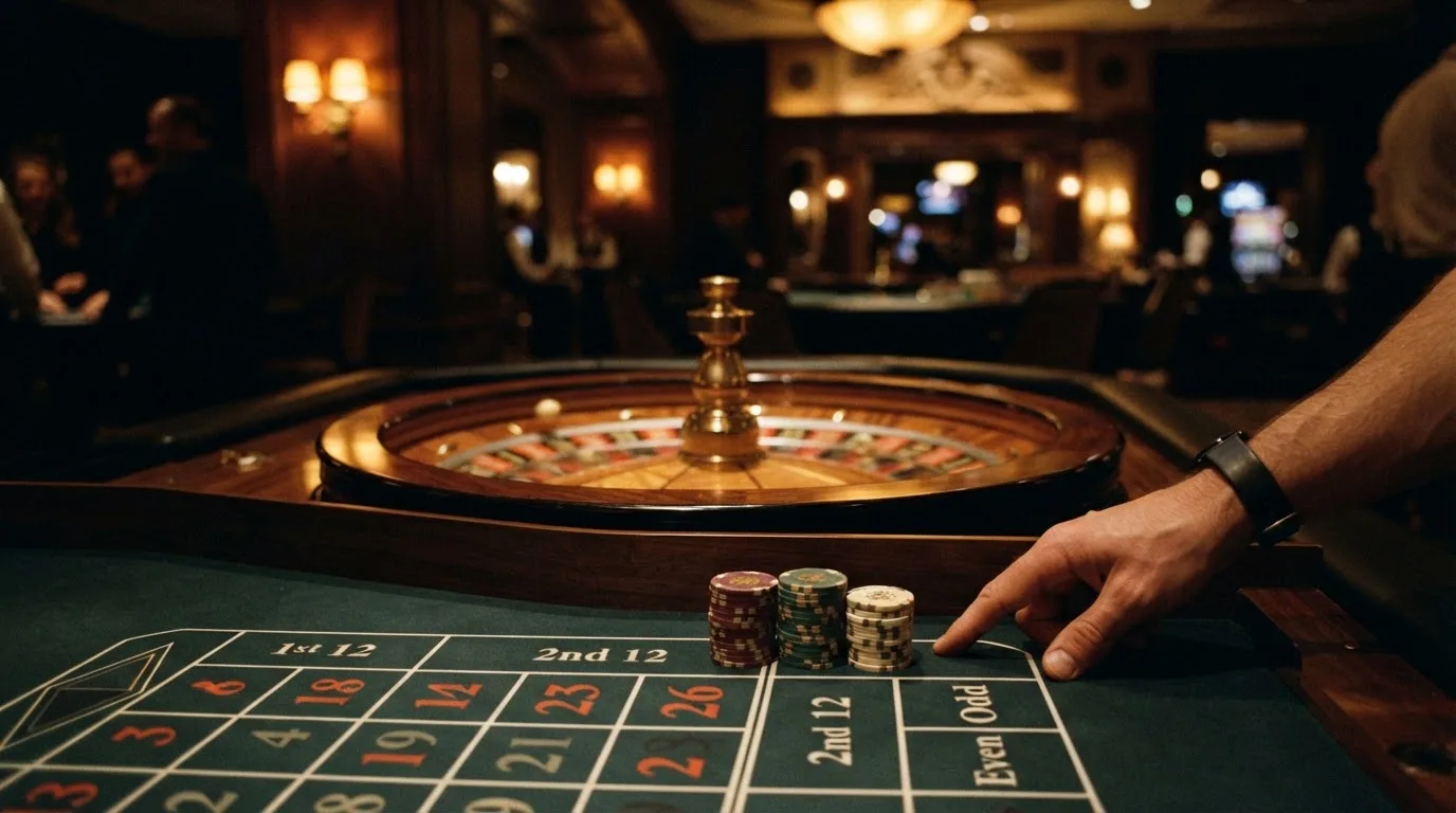 Roulettehjul og spillemærker på grønt filt i varmt aftenlys — bedste roulette casinoer