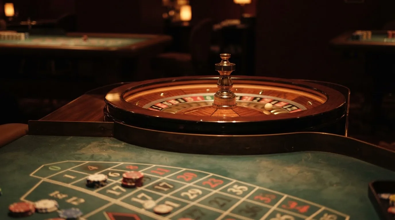 Roulettehjul og spillemærker på grønt filt i varmt aftenlys — bedste slots casinoer