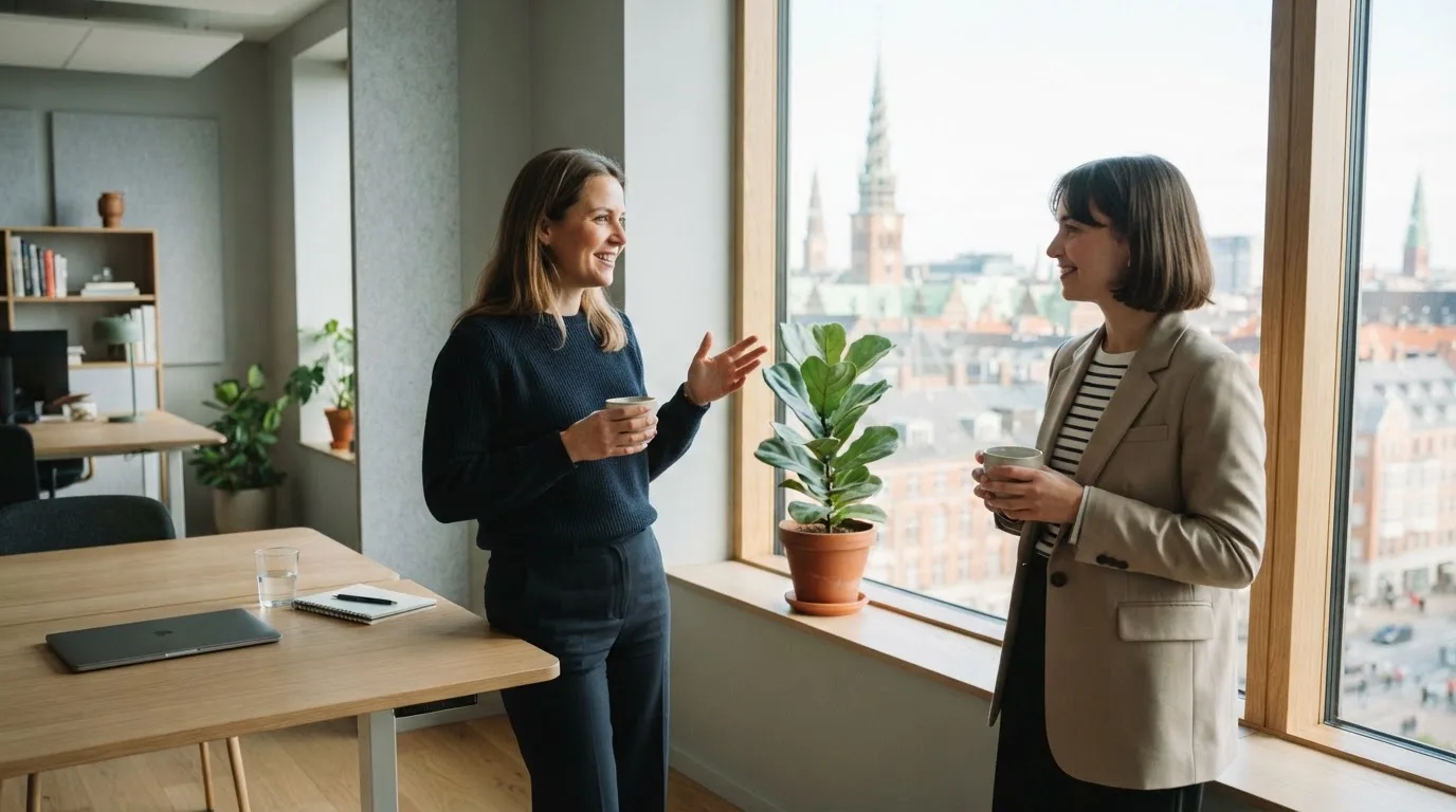 To medarbejdere står ved et stort vindue i et lyst kontor i København og taler sammen med kaffekopper i hænderne.