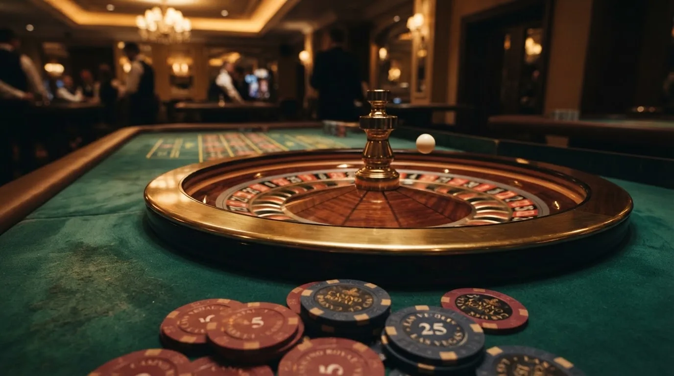 Roulettehjul og spillemærker på grønt filt i varmt aftenlys — casino bonus til eksisterende kunder