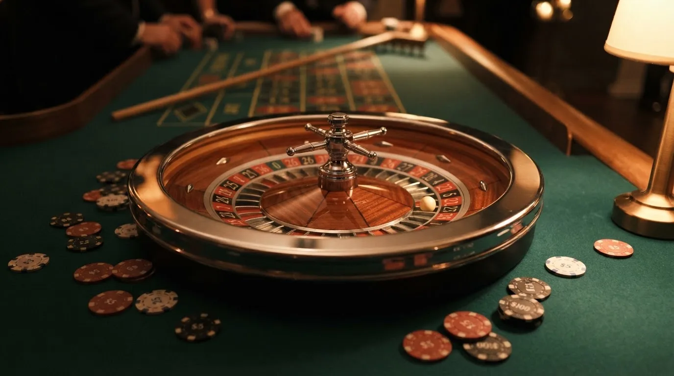 Roulettehjul og spillemærker på grønt filt i varmt aftenlys — casino bonus uden indskud dk