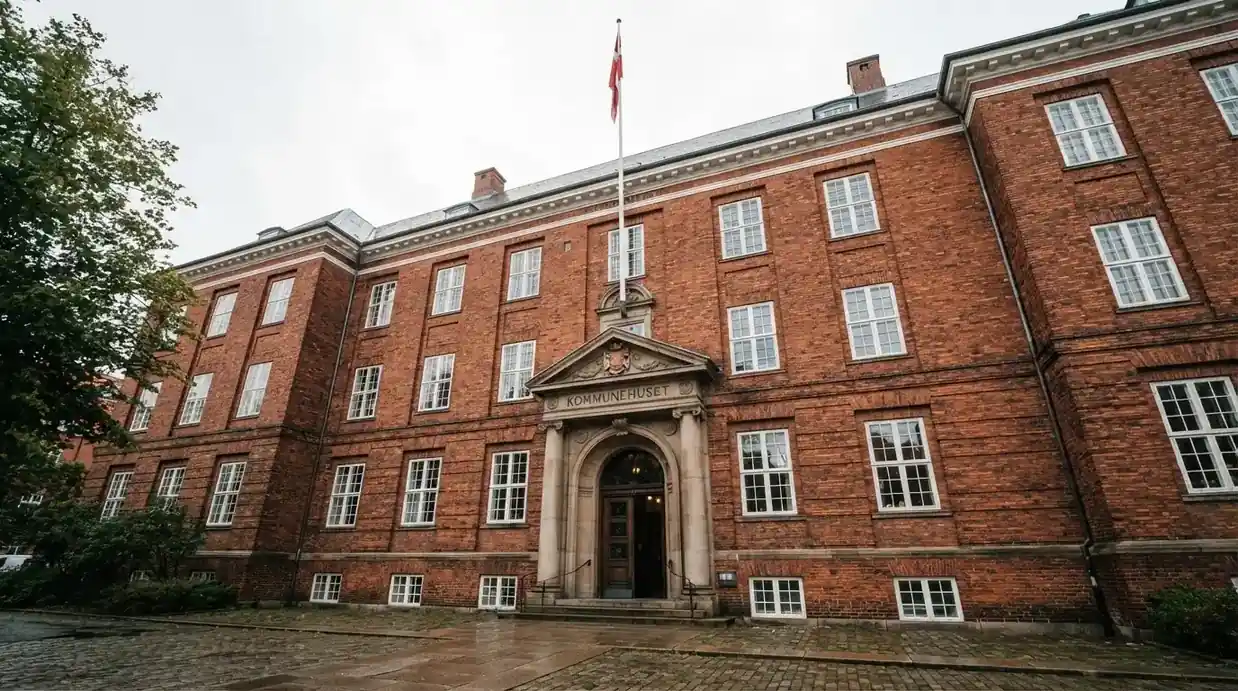 Facade af en klassisk dansk administrationsbygning i røde mursten med flagstang under blå himmel, uden personer.