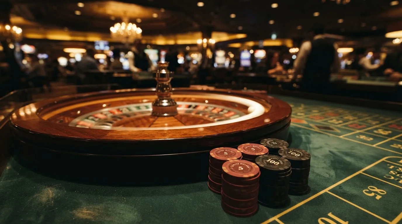 Roulettehjul og spillemærker på grønt filt i varmt aftenlys — casino med cardano i danmark