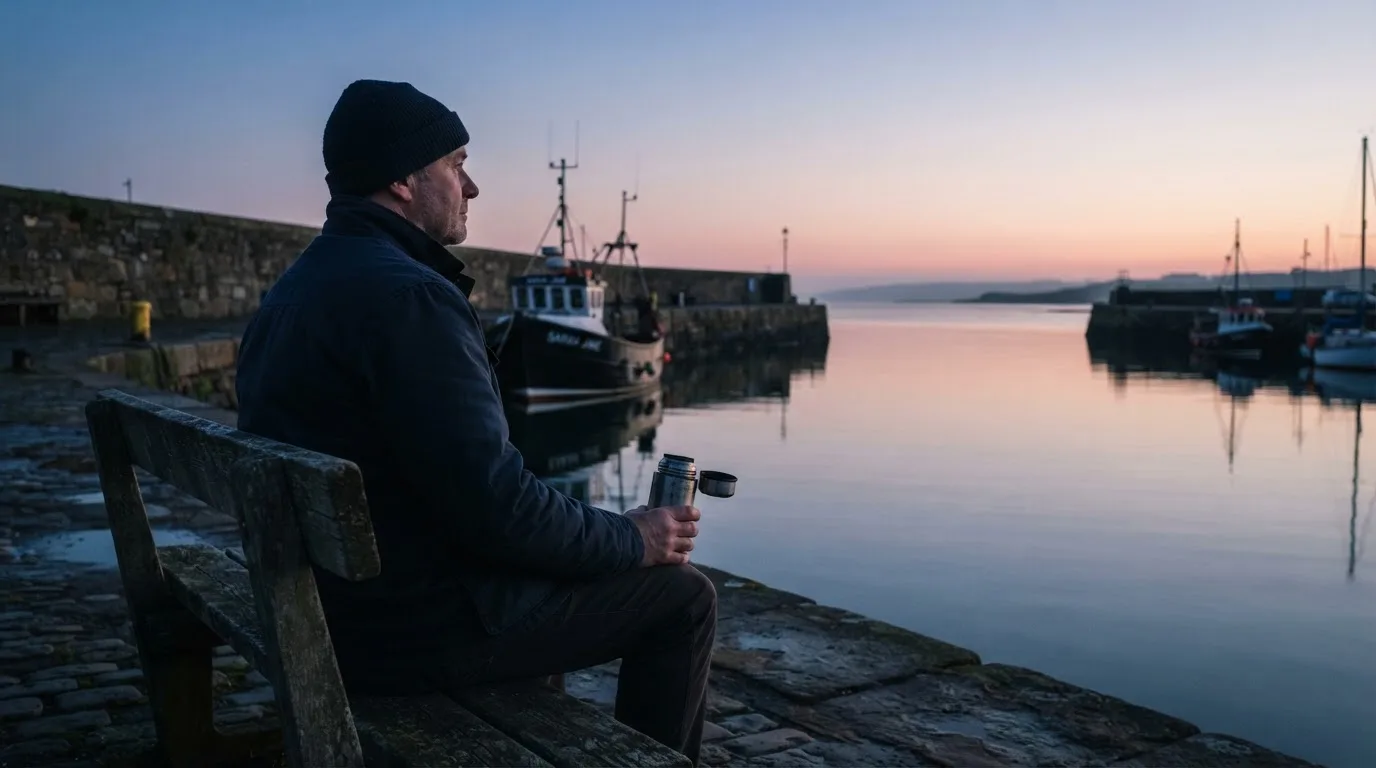 En mand sidder på en bænk ved havnen en tidlig morgen og ser ud over vandet med en termokop i hånden.