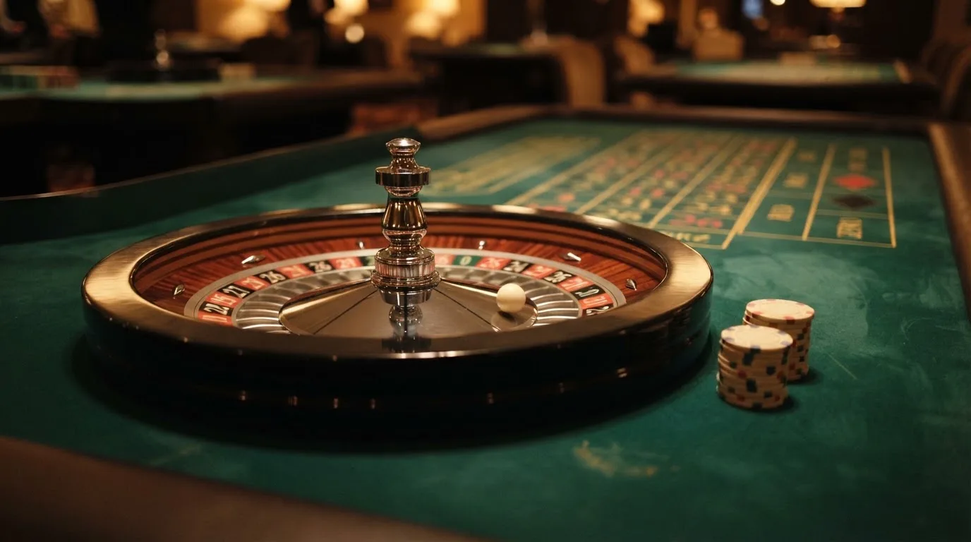 Roulettehjul og spillemærker på grønt filt i varmt aftenlys — casino med dogecoin i danmark