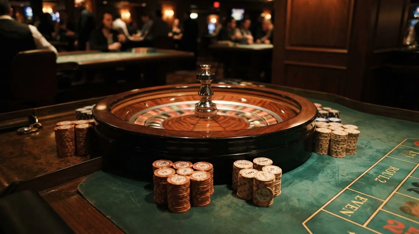 Roulettehjul og spillemærker på grønt filt i varmt aftenlys — casino med högst rtp