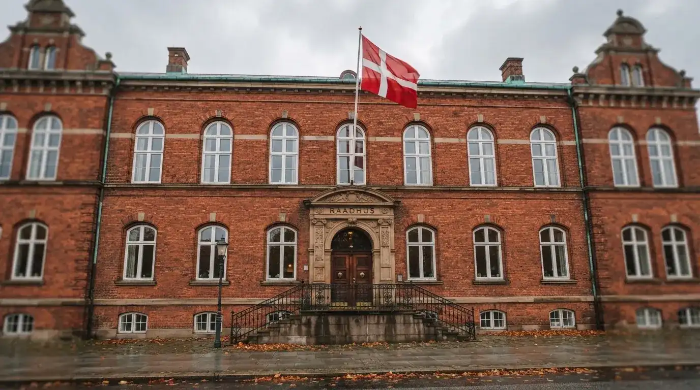 Facade af en gammel administrationsbygning i røde mursten med høje vinduer under skyet himmel, uden personer.