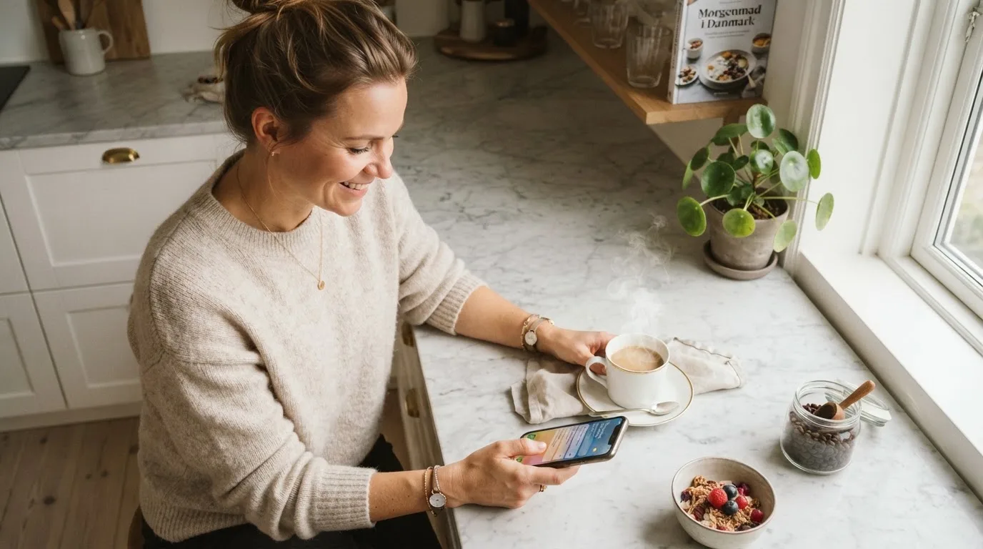 Kvinde smiler og trykker på sin mobil i et dagligt køkkenmiljø med en kop kaffe i morgenlys.