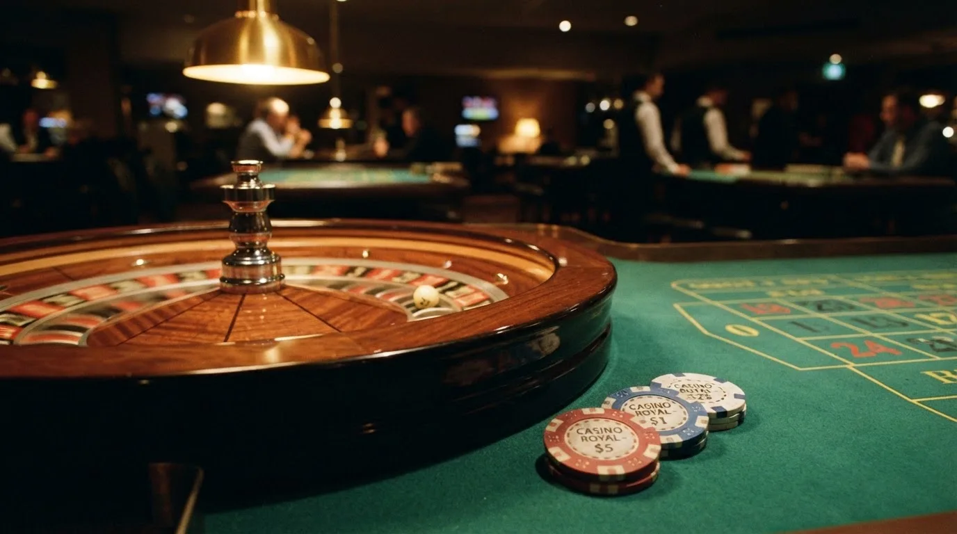 Roulettehjul og spillemærker på grønt filt i varmt aftenlys — casino på mobilen i danmark