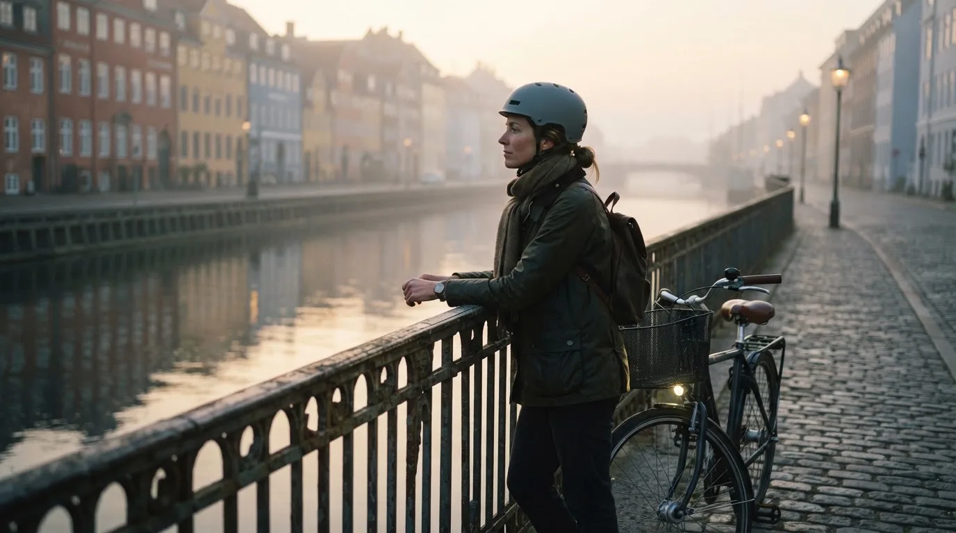 Kvinde i cykelhjelm holder pause ved en bro over en kanal og ser ud over vandet i morgenlys.