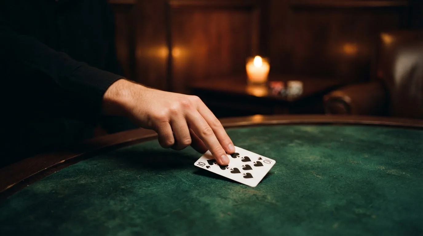 Hænder deler kort ud på et grønt filtbord i et hyggeligt rum, med et stearinlys i baggrunden.