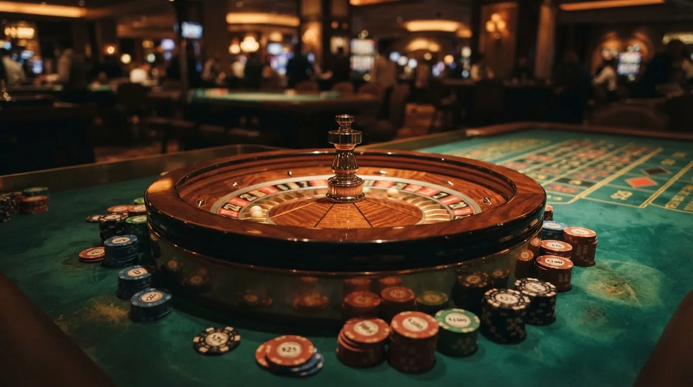 Roulettehjul og spillemærker på grønt filt i varmt aftenlys — casino uden dansk licens