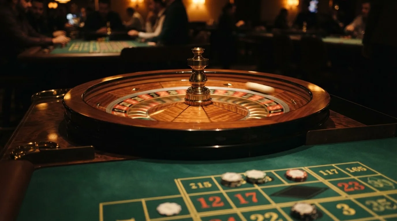Roulettehjul og spillemærker på grønt filt i varmt aftenlys — dansk live roulette