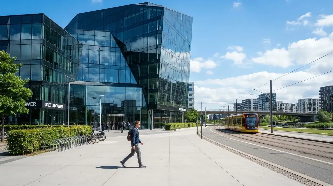 En moderne glasbygning i Ørestad en lys dag med en fodgænger i forgrunden og blå himmel bag facaden.