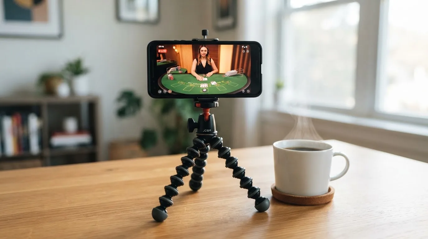 En smartphone på et stativ viser en uskarp videostream af et spillebord, mens en kaffekop står ved siden af på et skrivebord.