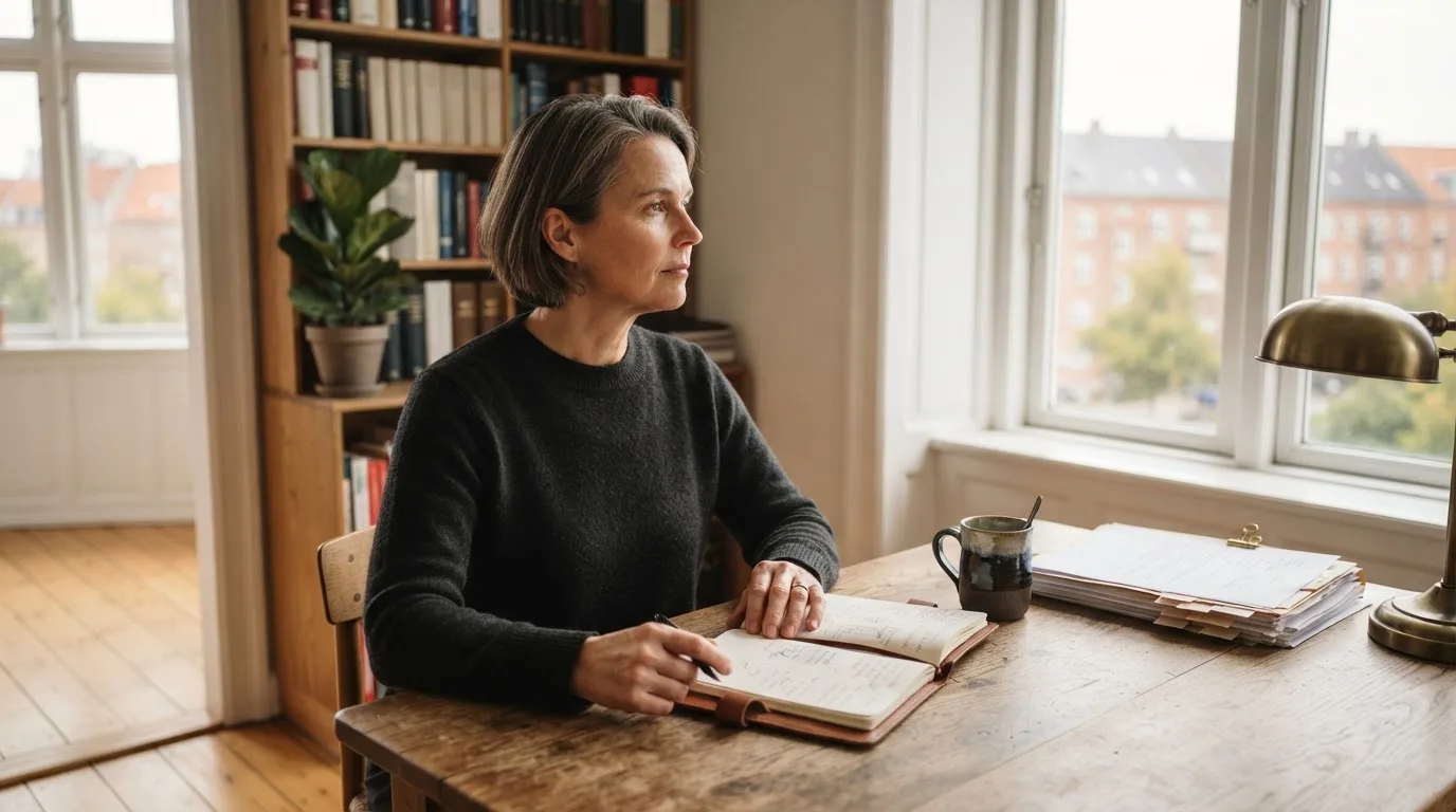 Jurist sidder ved et skrivebord i et lyst københavnsk kontor med reol, kaffekop og store vinduer og kigger eftertænksomt ud.