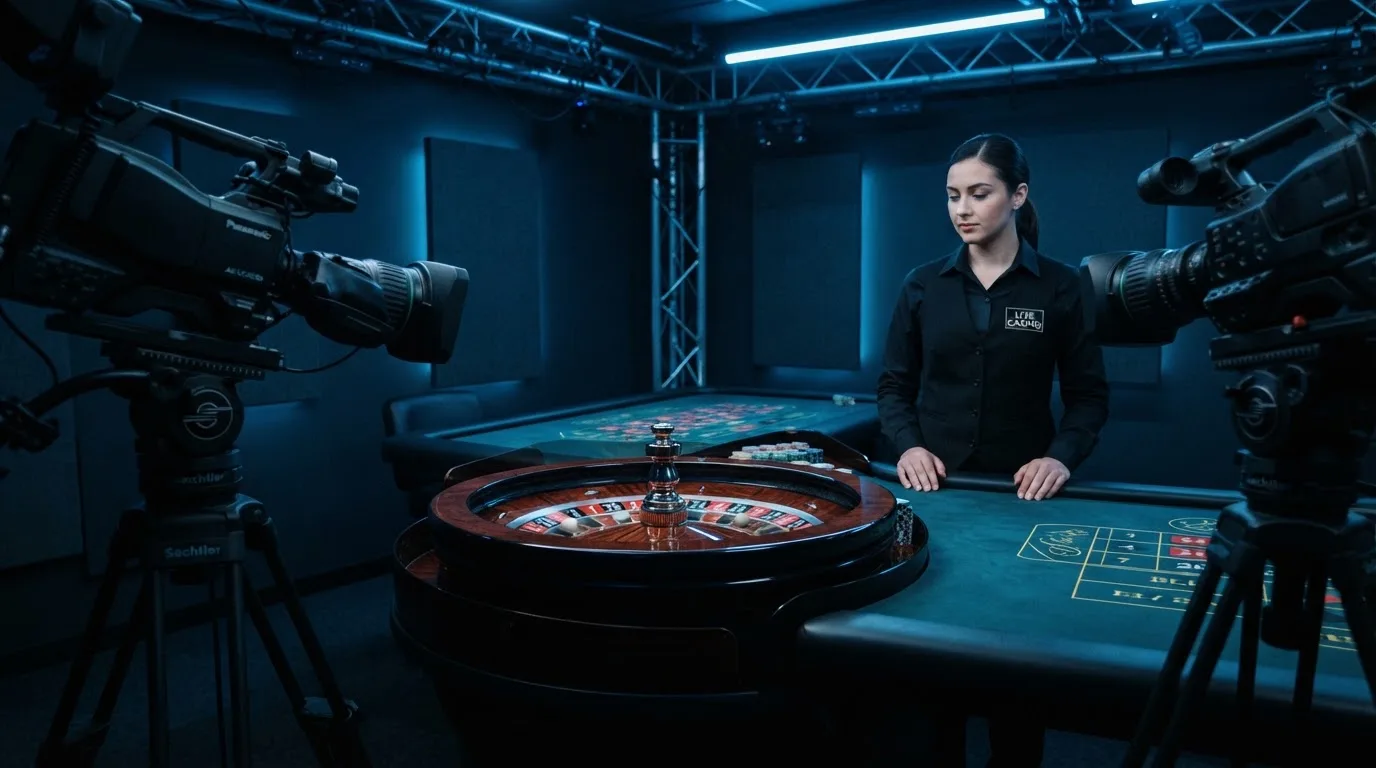 Kameraer på stativer og et roulettehjul midt i et mørkt livecasino-studie med en dealer i uniform, set fra siden i blåligt lys.