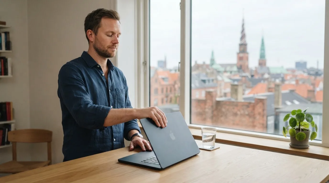 Mand lukker låget på en bærbar computer og tager en dyb indånding ved et vindue med udsigt over byens tage.